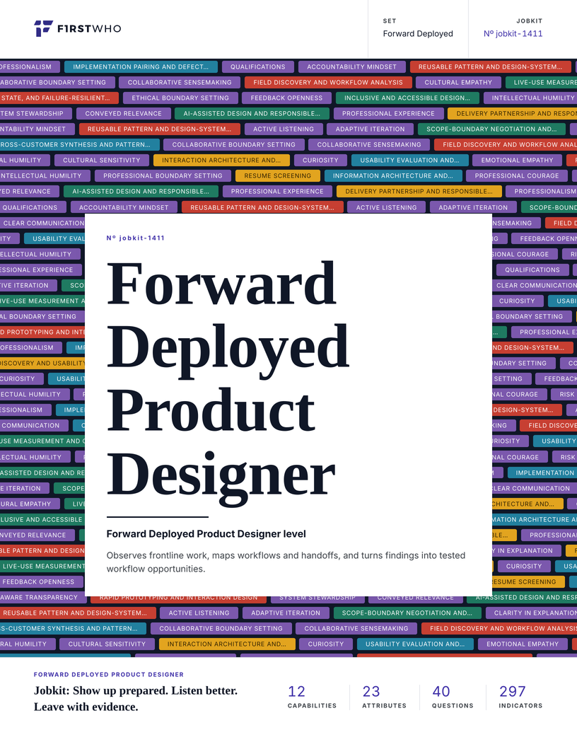 Cover of the Forward Deployed Product Designer job kit
